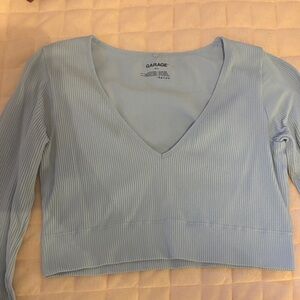 Garage Light Blue Ribbed V-Neck Top
